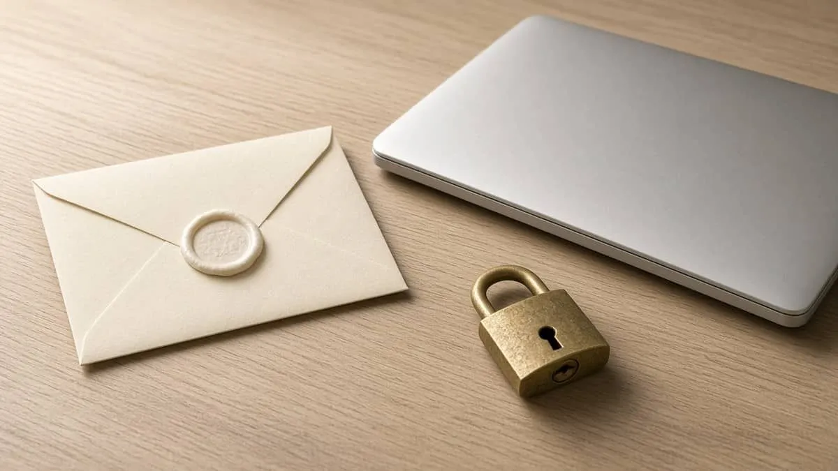 Sealed envelope and padlock beside a closed laptop