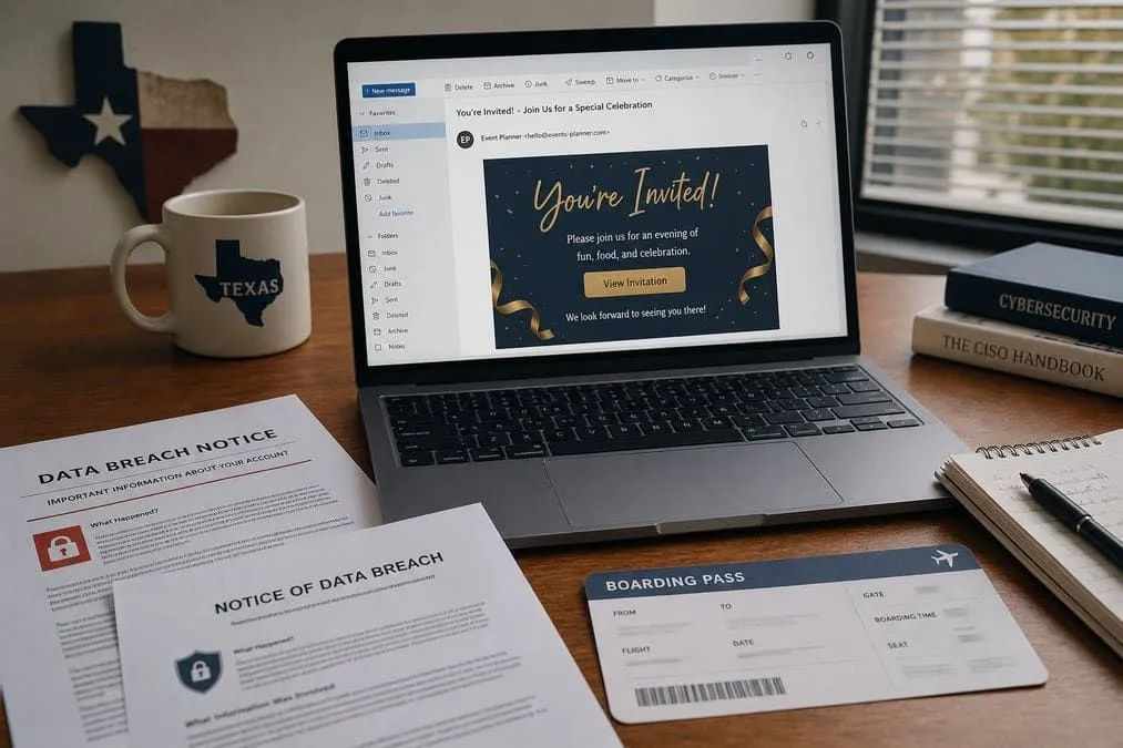 Texas desk scene with fake e-vite phishing email open on a laptop