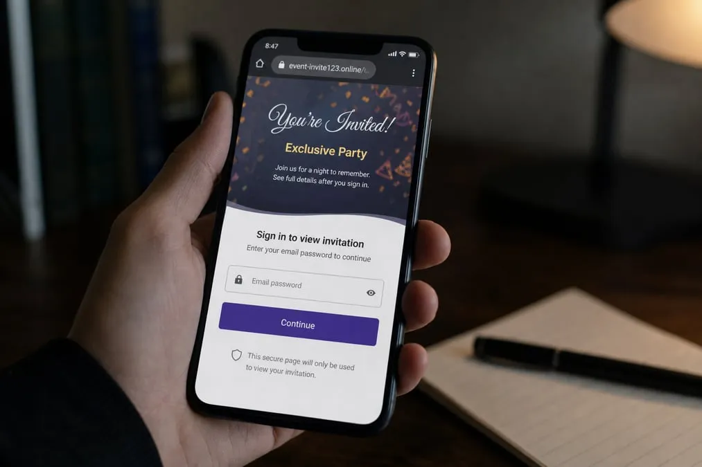 Smartphone showing a suspicious party invitation page demanding an email password