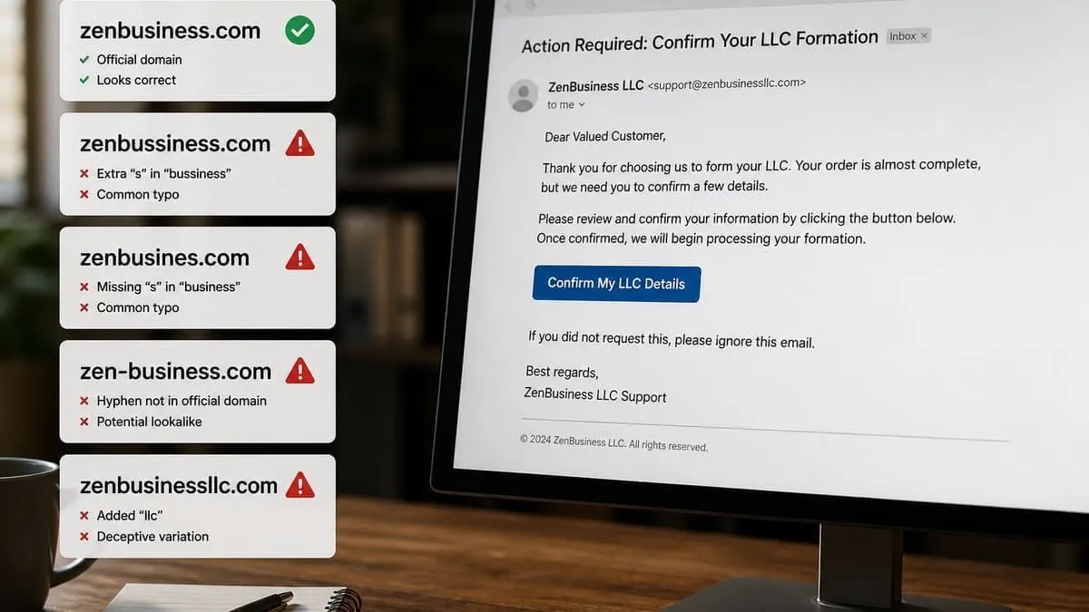 ZenBusiness lookalike domains beside spoofed LLC formation phishing