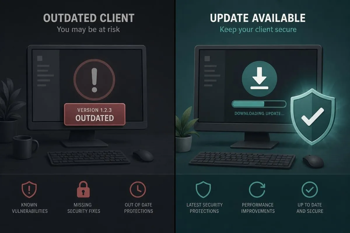 Illustration of updating an outdated desktop meeting client to a patched build