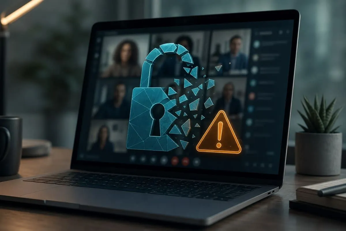 Illustration of a Windows laptop with a video-meeting client and a broken lock warning