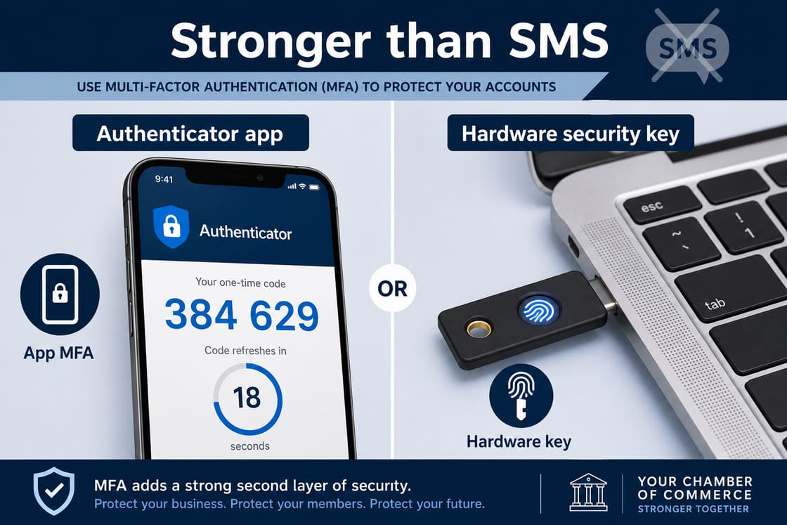 Stronger than SMS: authenticator app MFA on a phone next to a hardware security key on a laptop
