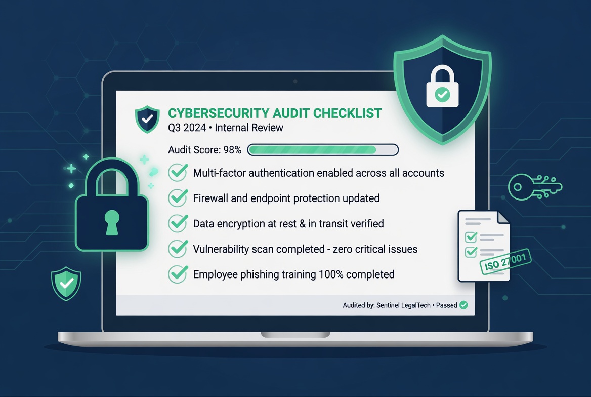 Cybersecurity audit checklist showing 98% score with completed security controls