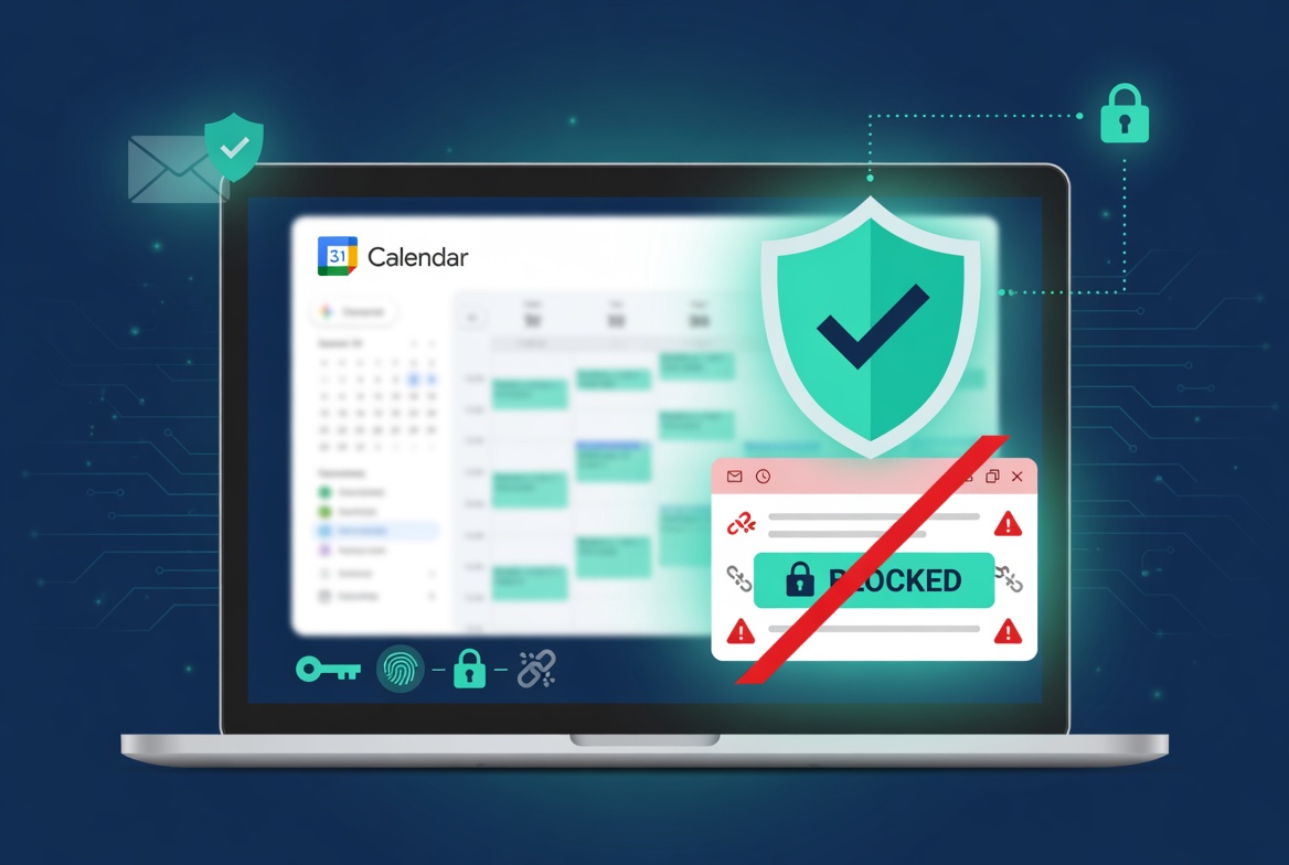 Illustration of Google Calendar phishing scam protection on a laptop