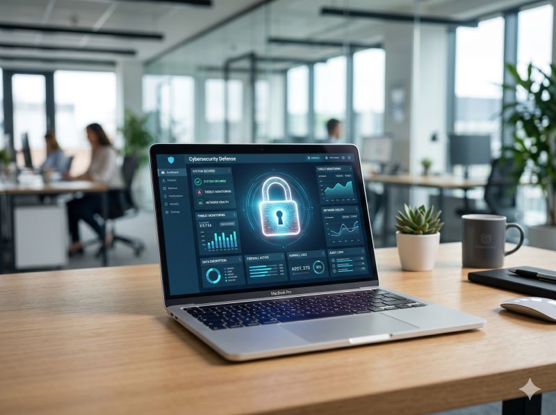 Modern laptop displaying cybersecurity lock screen