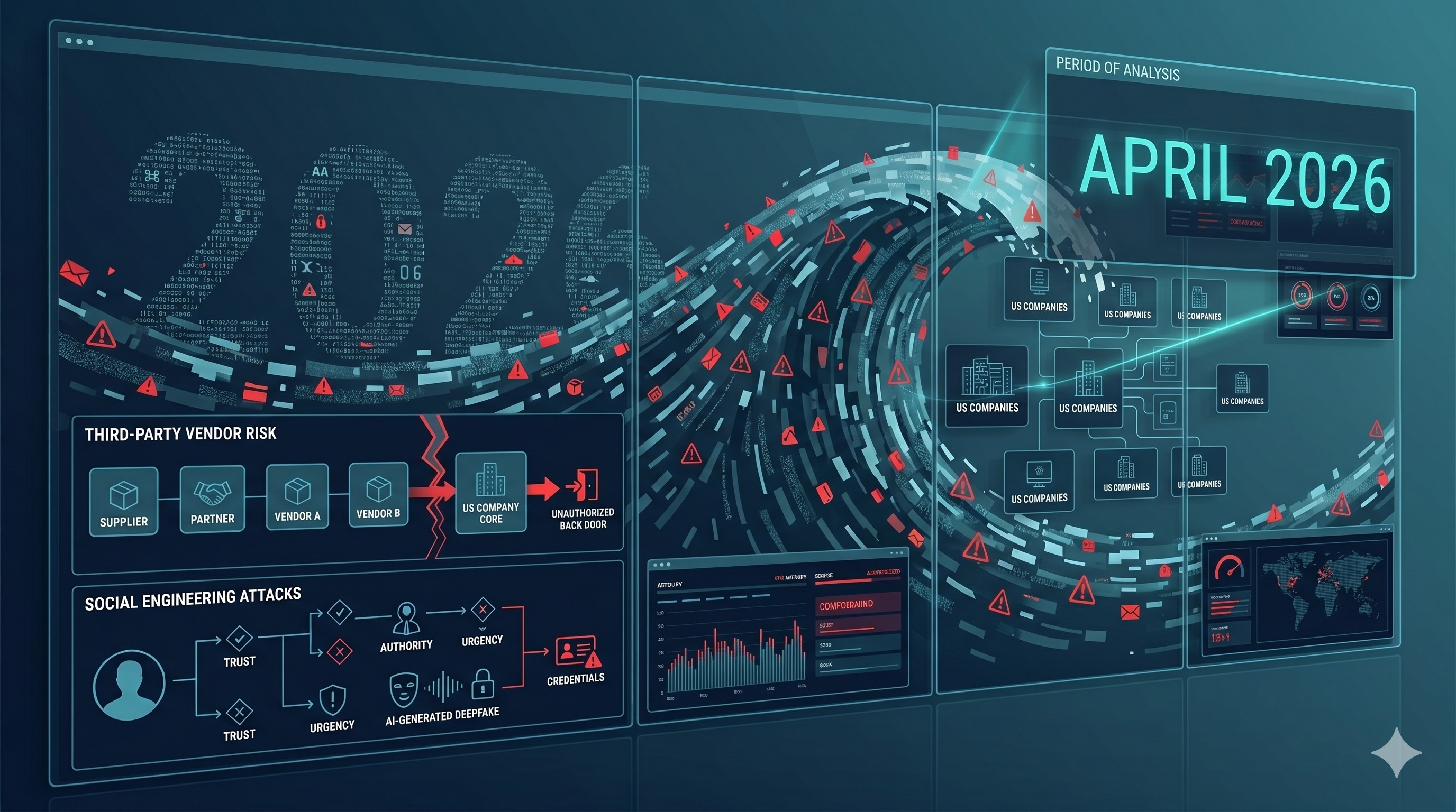 Cybersecurity threats and data breach concept affecting US companies in 2026