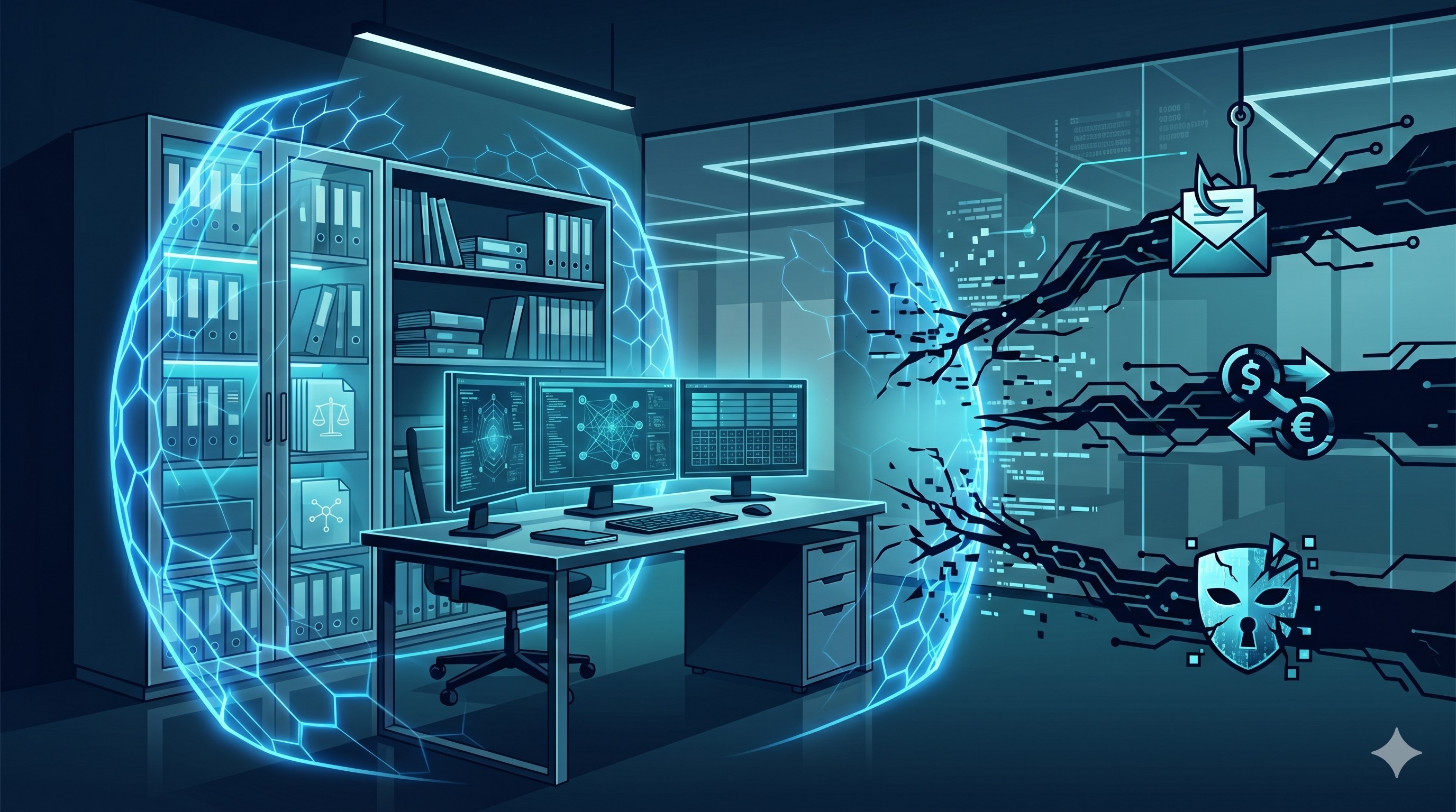 Professional illustration of cybersecurity threats targeting law firms and attorneys