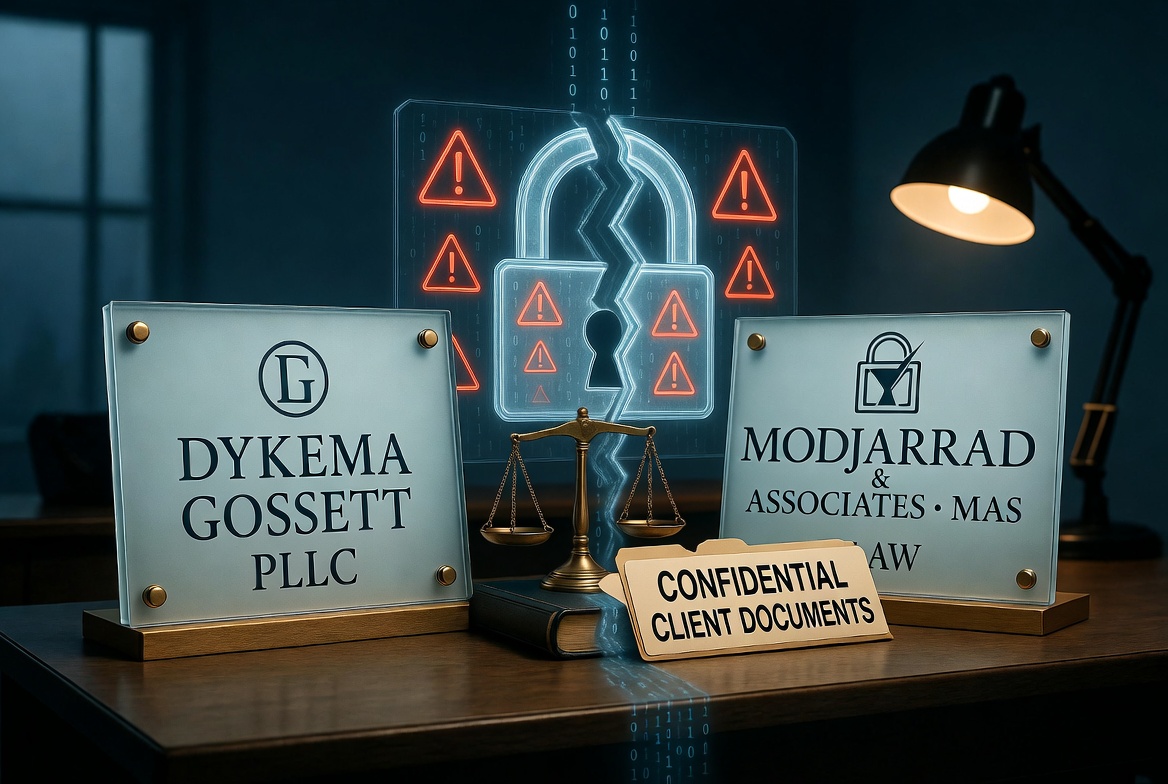 Law firm data breach concept with legal documents and digital security warning