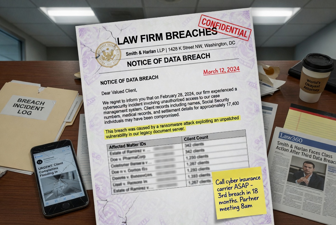 Law firm cybersecurity breach concept with digital documents and warning icons