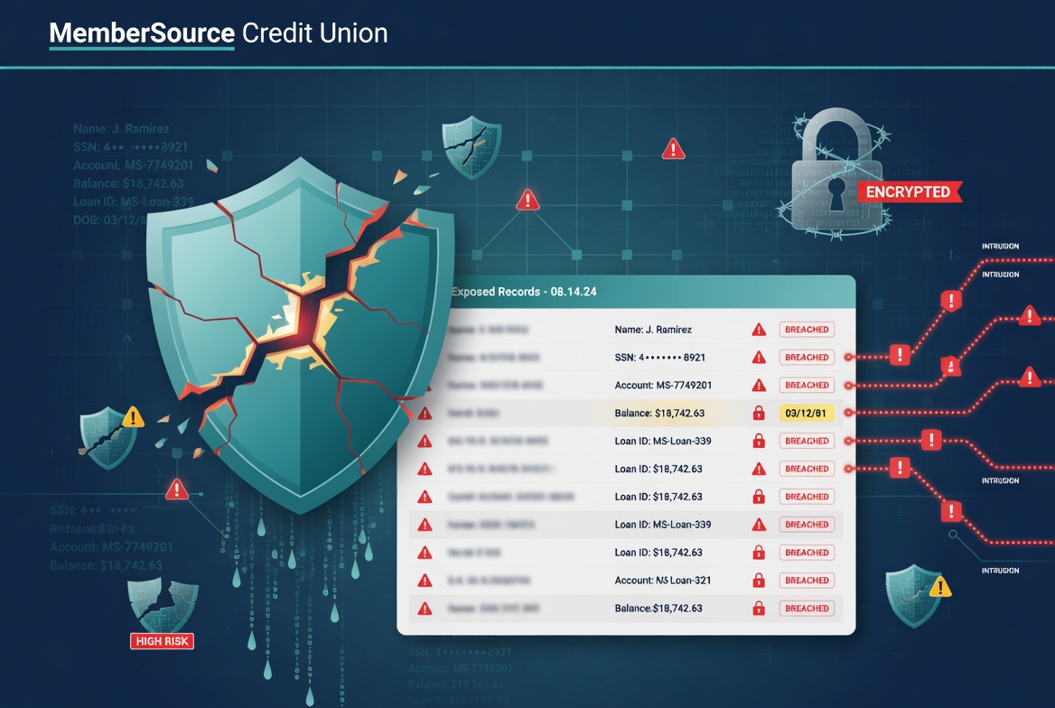 Illustration of data breach affecting credit union members and financial information