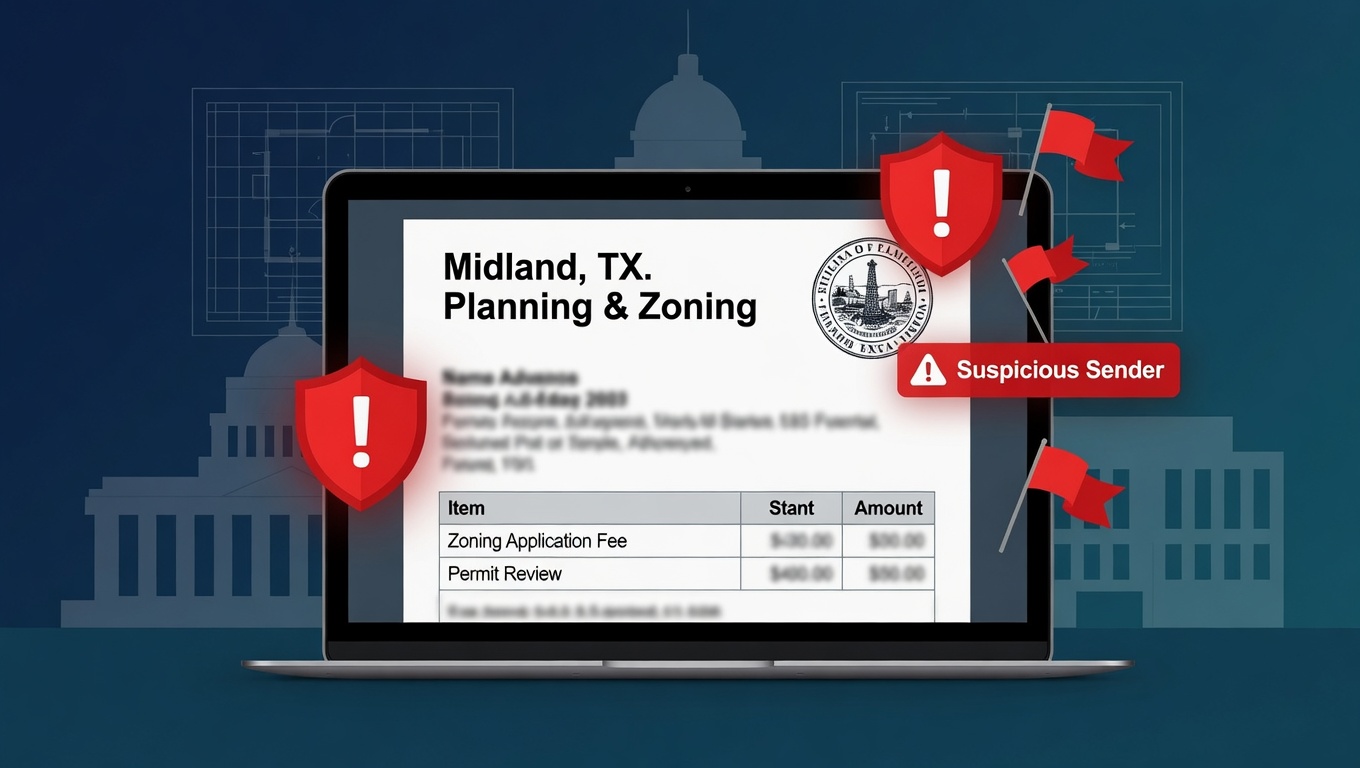 Illustration of phishing email scam targeting city planning applicants in Texas