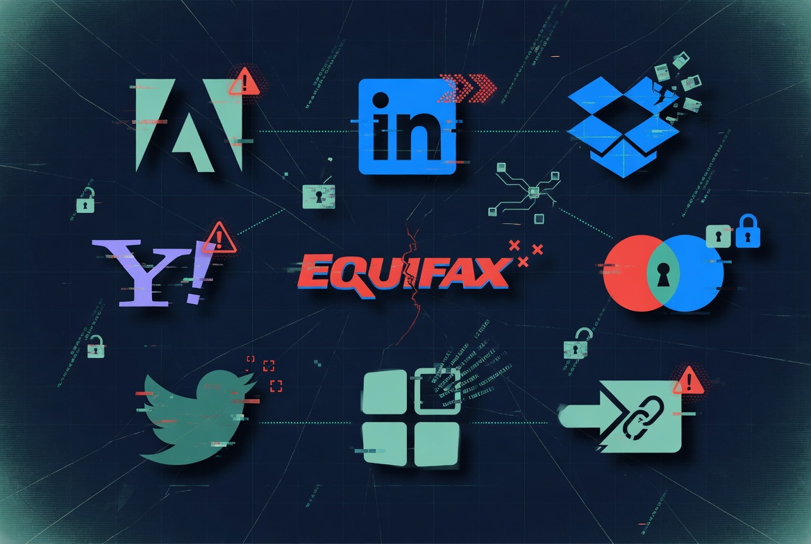 Collection of company logos from major data breaches including Adobe, LinkedIn, Dropbox, and others