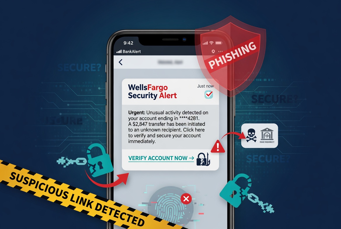 Smartphone displaying a fake Wells Fargo security alert text message with phishing warning