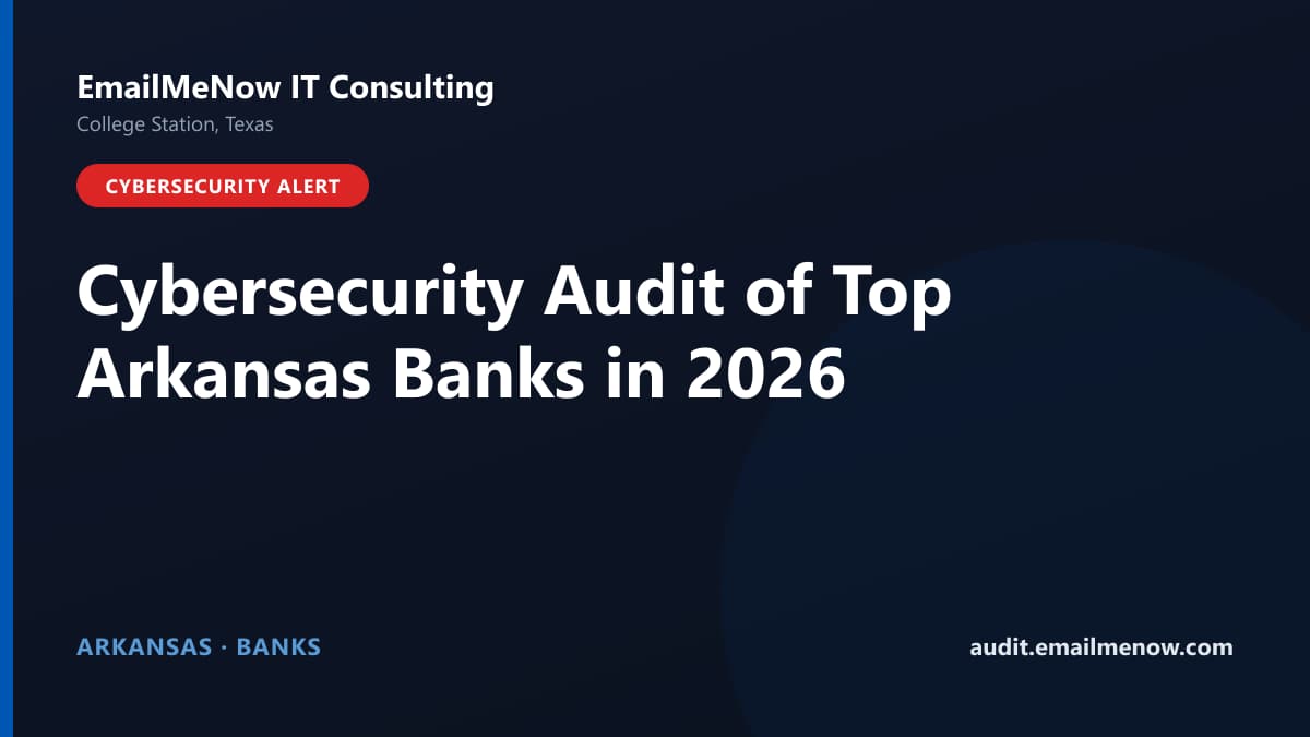 Digital audit dashboard with a Arkansas state map showing cybersecurity scores of major Arkansas banks