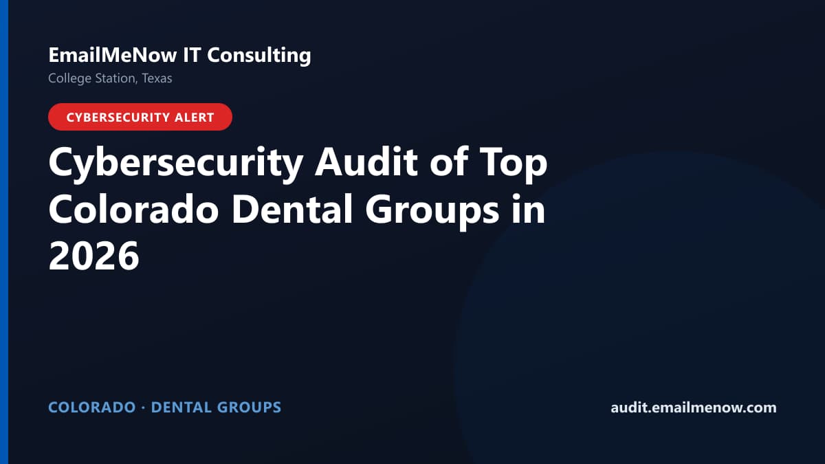 Digital audit dashboard with a Colorado state map showing cybersecurity scores of major Colorado dental groups