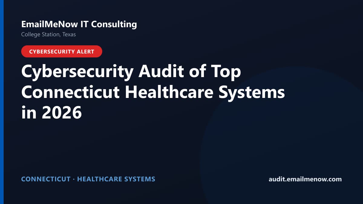 Digital audit dashboard with a Connecticut state map showing cybersecurity scores of major Connecticut hospitals and healthcare systems