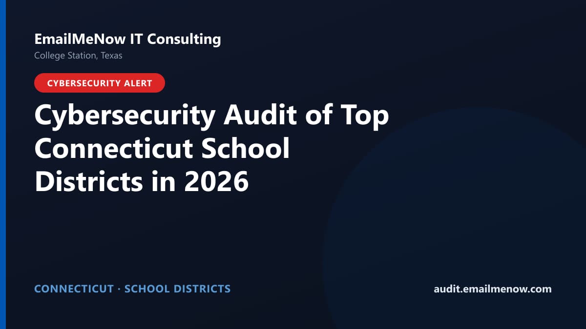 Digital audit dashboard with a Connecticut state map showing cybersecurity scores of major Connecticut school districts