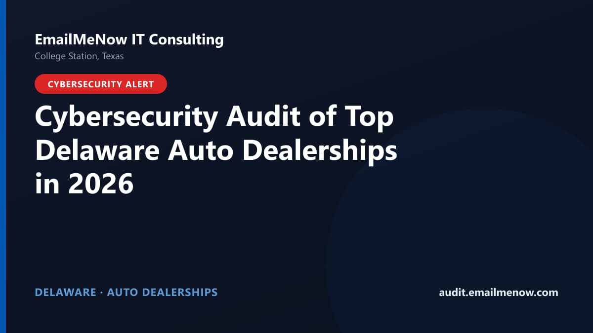 Digital audit dashboard with a Delaware state map showing cybersecurity scores of major Delaware auto dealerships