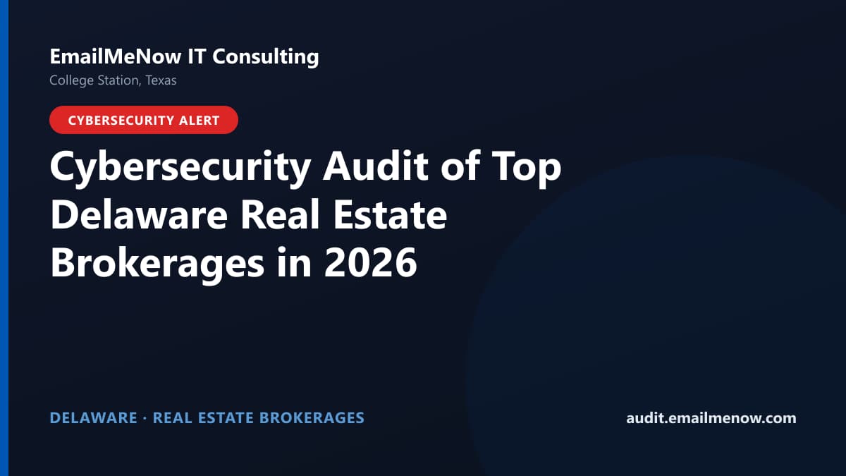 Digital audit dashboard with a Delaware state map showing cybersecurity scores of major Delaware real estate brokerages