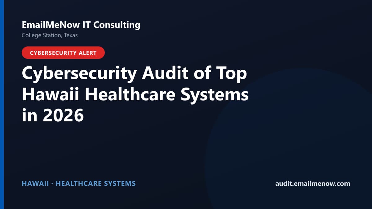 Digital audit dashboard with a Hawaii state map showing cybersecurity scores of major Hawaii hospitals and healthcare systems