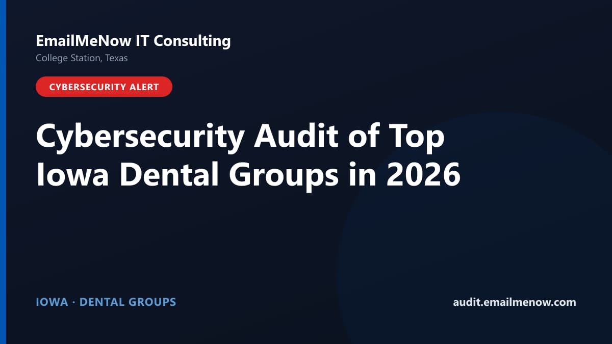 Digital audit dashboard with a Iowa state map showing cybersecurity scores of major Iowa dental groups