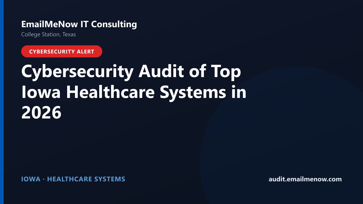 Digital audit dashboard with a Iowa state map showing cybersecurity scores of major Iowa hospitals and healthcare systems
