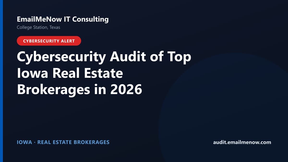 Digital audit dashboard with a Iowa state map showing cybersecurity scores of major Iowa real estate brokerages