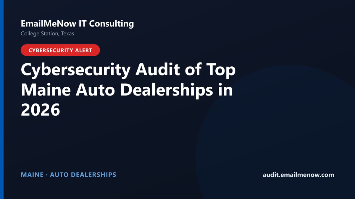 Digital audit dashboard with a Maine state map showing cybersecurity scores of major Maine auto dealerships