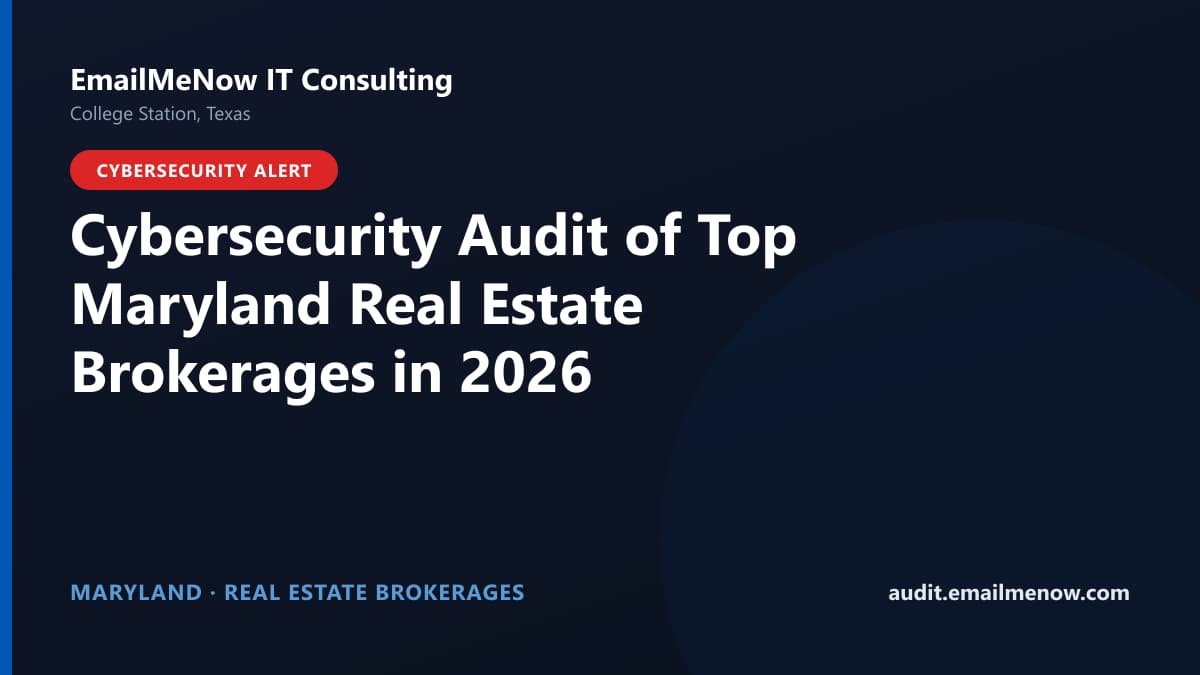Digital audit dashboard with a Maryland state map showing cybersecurity scores of major Maryland real estate brokerages