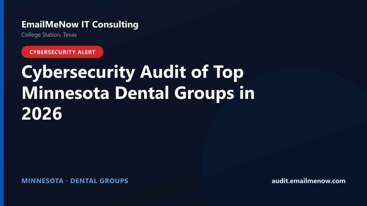 Digital audit dashboard with a Minnesota state map showing cybersecurity scores of major Minnesota dental groups