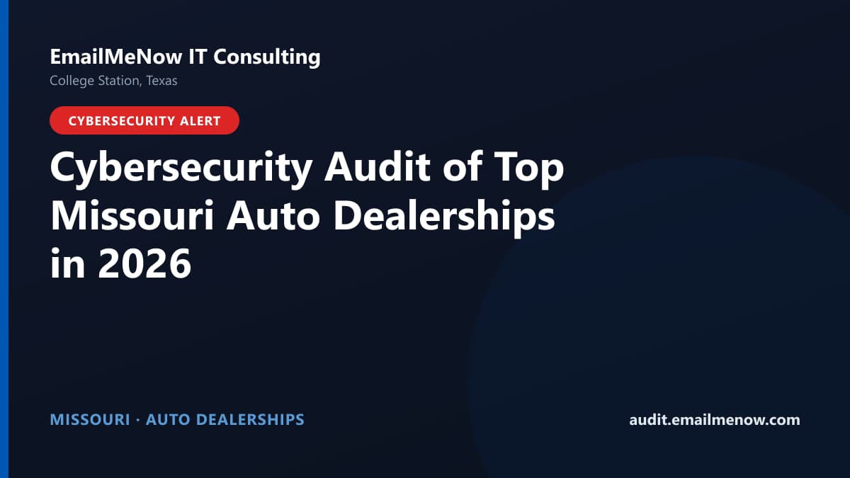 Digital audit dashboard with a Missouri state map showing cybersecurity scores of major Missouri auto dealerships