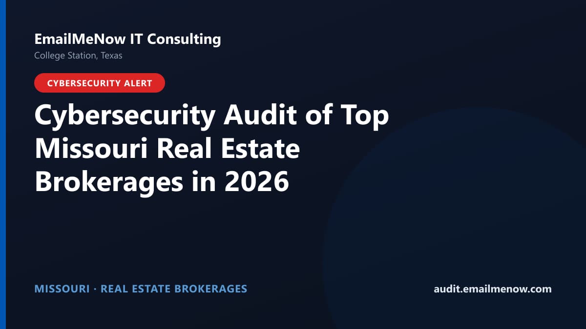 Digital audit dashboard with a Missouri state map showing cybersecurity scores of major Missouri real estate brokerages