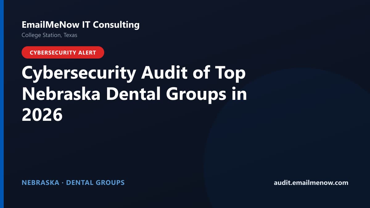 Digital audit dashboard with a Nebraska state map showing cybersecurity scores of major Nebraska dental groups