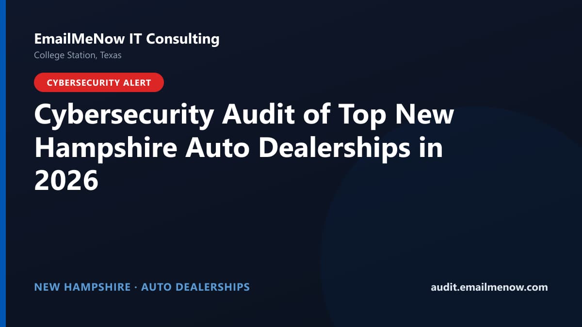 Digital audit dashboard with a New Hampshire state map showing cybersecurity scores of major New Hampshire auto dealerships