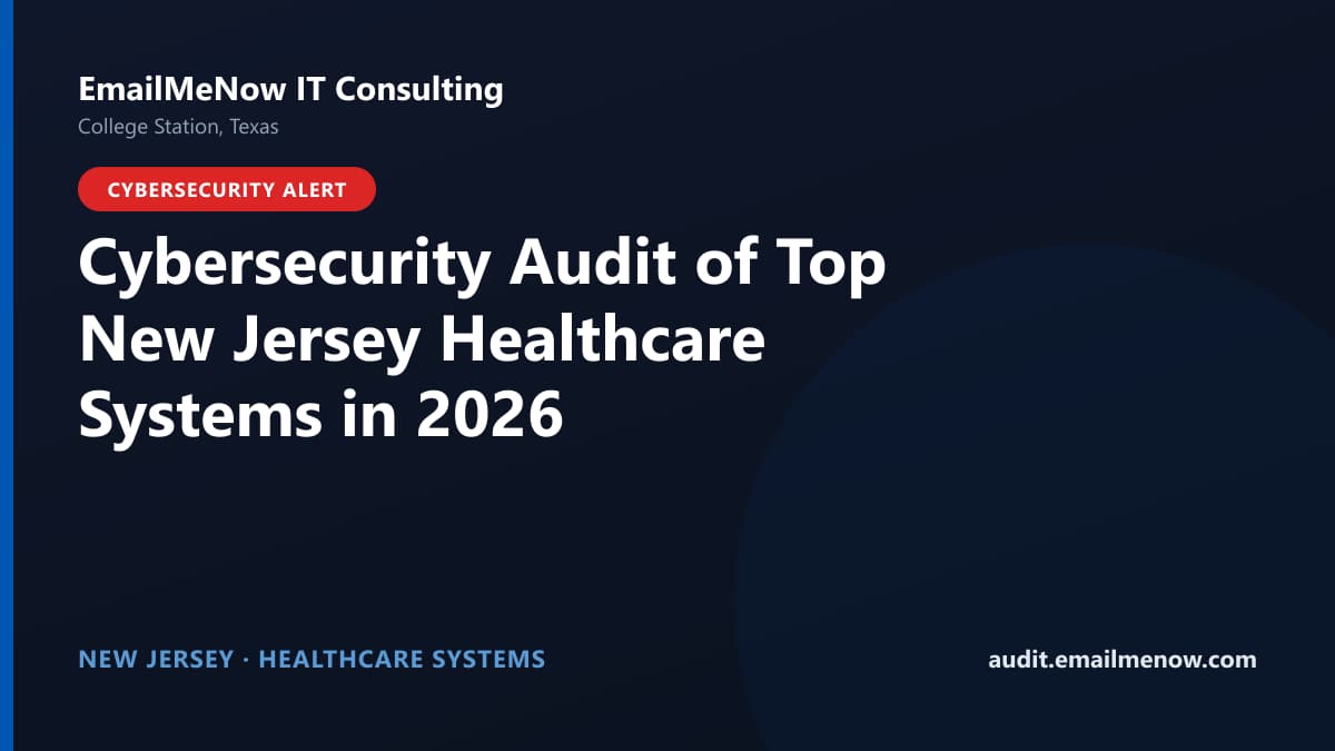 Digital audit dashboard with a New Jersey state map showing cybersecurity scores of major New Jersey hospitals and healthcare systems