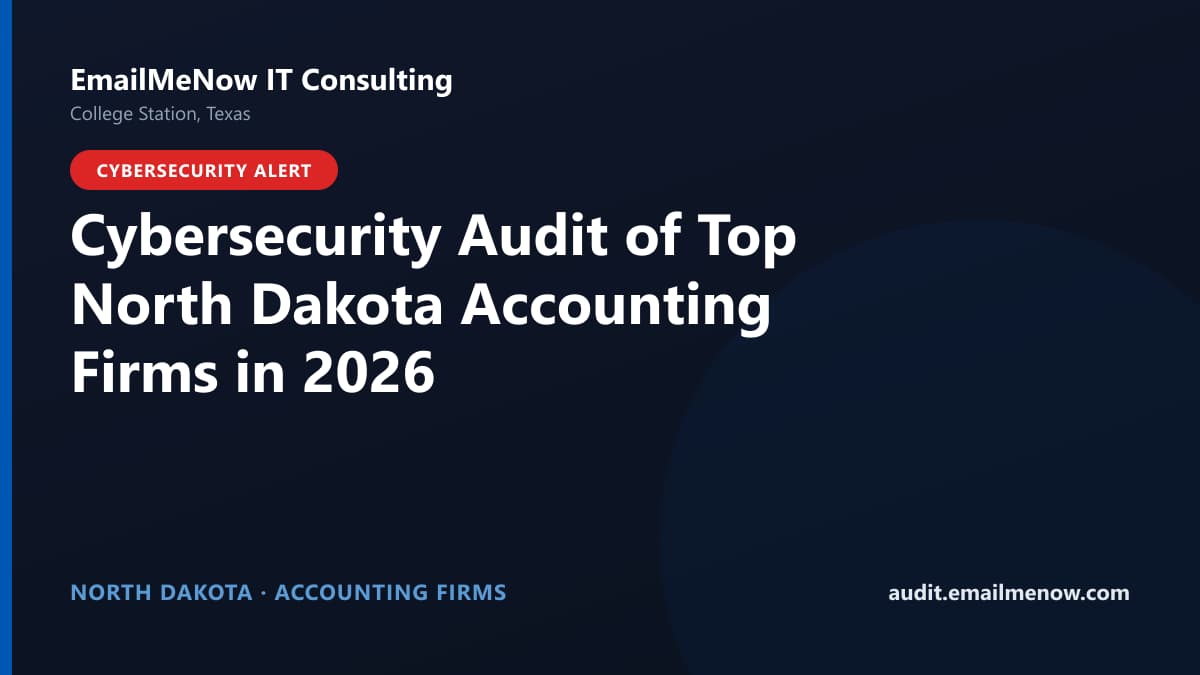 Digital audit dashboard with a North Dakota state map showing cybersecurity scores of major North Dakota accounting firms