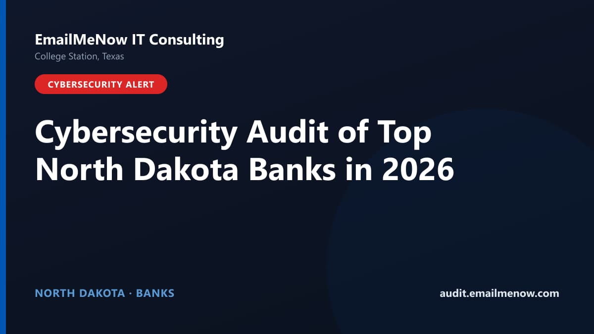 Digital audit dashboard with a North Dakota state map showing cybersecurity scores of major North Dakota banks