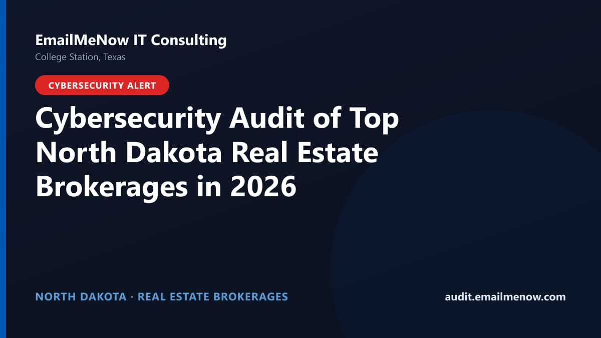 Digital audit dashboard with a North Dakota state map showing cybersecurity scores of major North Dakota real estate brokerages
