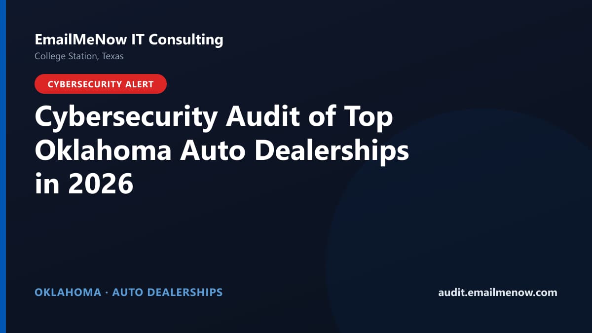 Digital audit dashboard with a Oklahoma state map showing cybersecurity scores of major Oklahoma auto dealerships