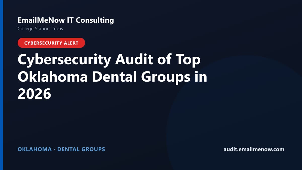 Digital audit dashboard with a Oklahoma state map showing cybersecurity scores of major Oklahoma dental groups