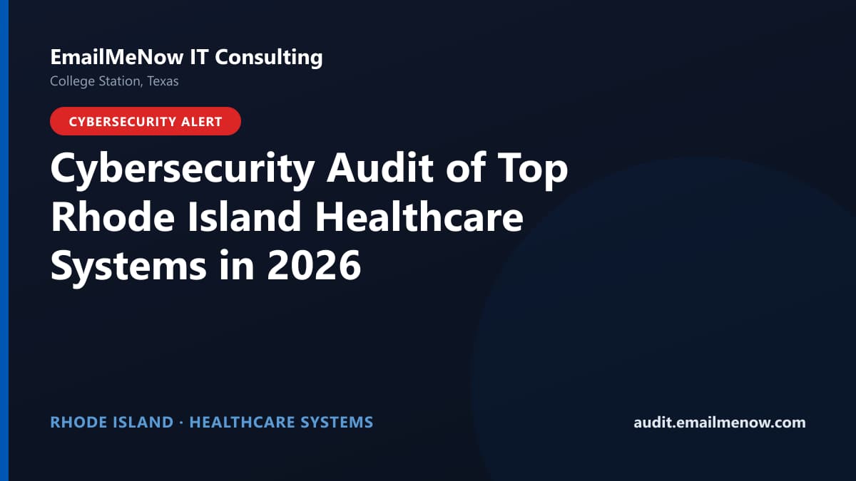 Digital audit dashboard with a Rhode Island state map showing cybersecurity scores of major Rhode Island hospitals and healthcare systems
