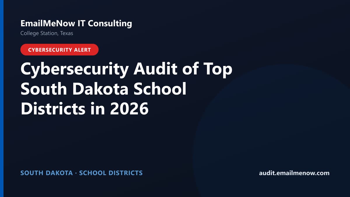 Digital audit dashboard with a South Dakota state map showing cybersecurity scores of major South Dakota school districts