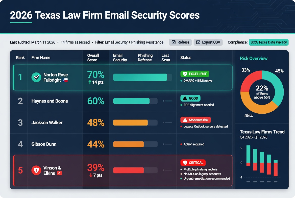 Digital audit dashboard showing email security scores of major Texas law firms