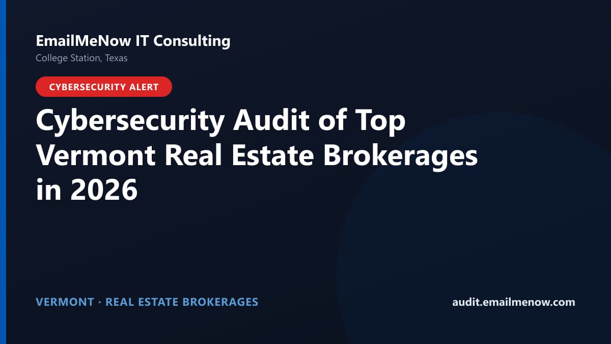 Digital audit dashboard with a Vermont state map showing cybersecurity scores of major Vermont real estate brokerages