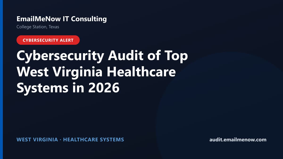 Digital audit dashboard with a West Virginia state map showing cybersecurity scores of major West Virginia hospitals and healthcare systems