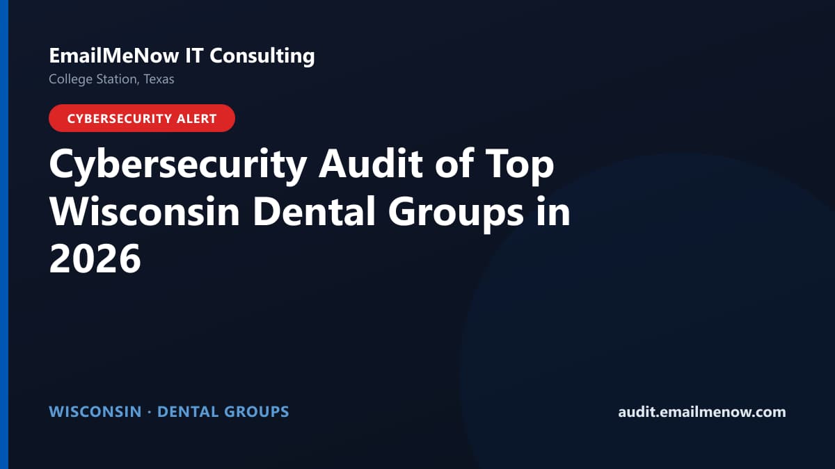 Digital audit dashboard with a Wisconsin state map showing cybersecurity scores of major Wisconsin dental groups
