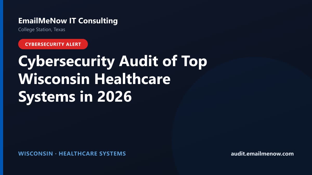 Digital audit dashboard with a Wisconsin state map showing cybersecurity scores of major Wisconsin hospitals and healthcare systems