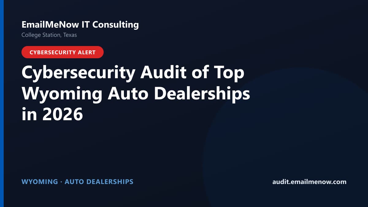 Digital audit dashboard with a Wyoming state map showing cybersecurity scores of major Wyoming auto dealerships