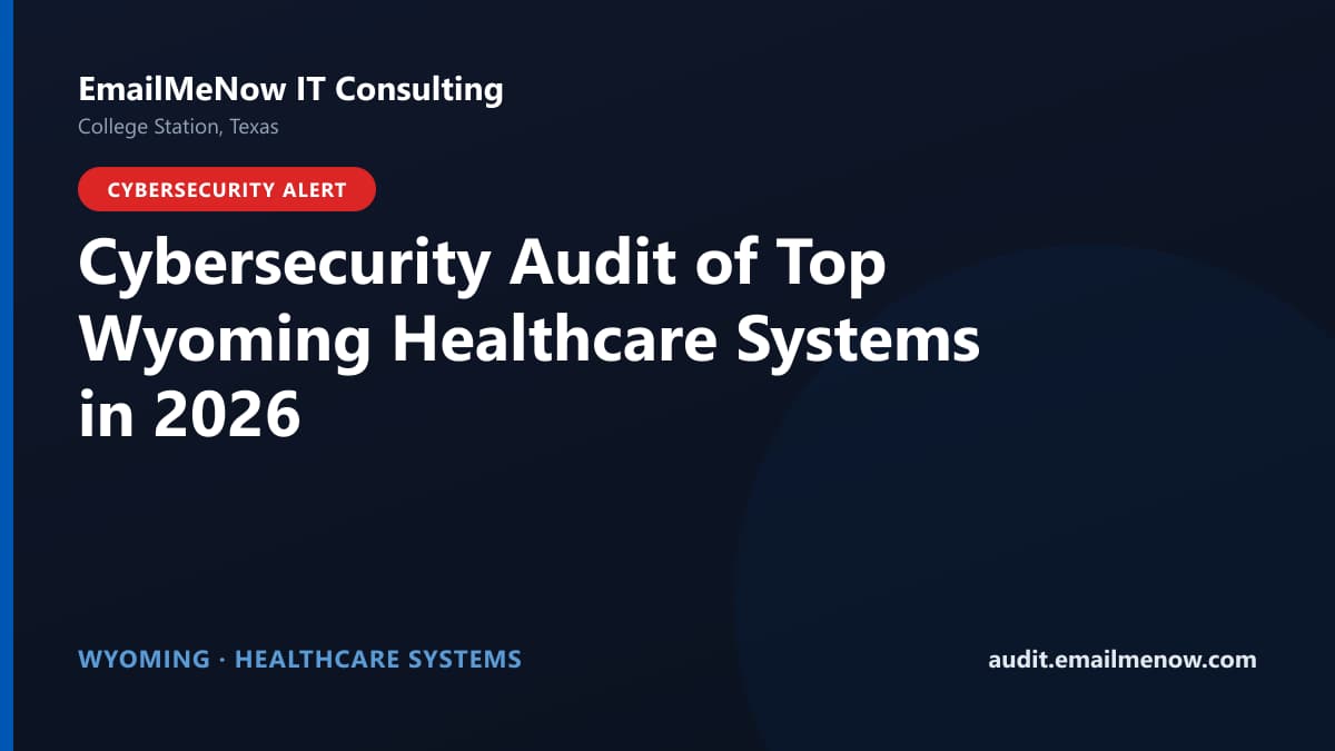 Digital audit dashboard with a Wyoming state map showing cybersecurity scores of major Wyoming hospitals and healthcare systems